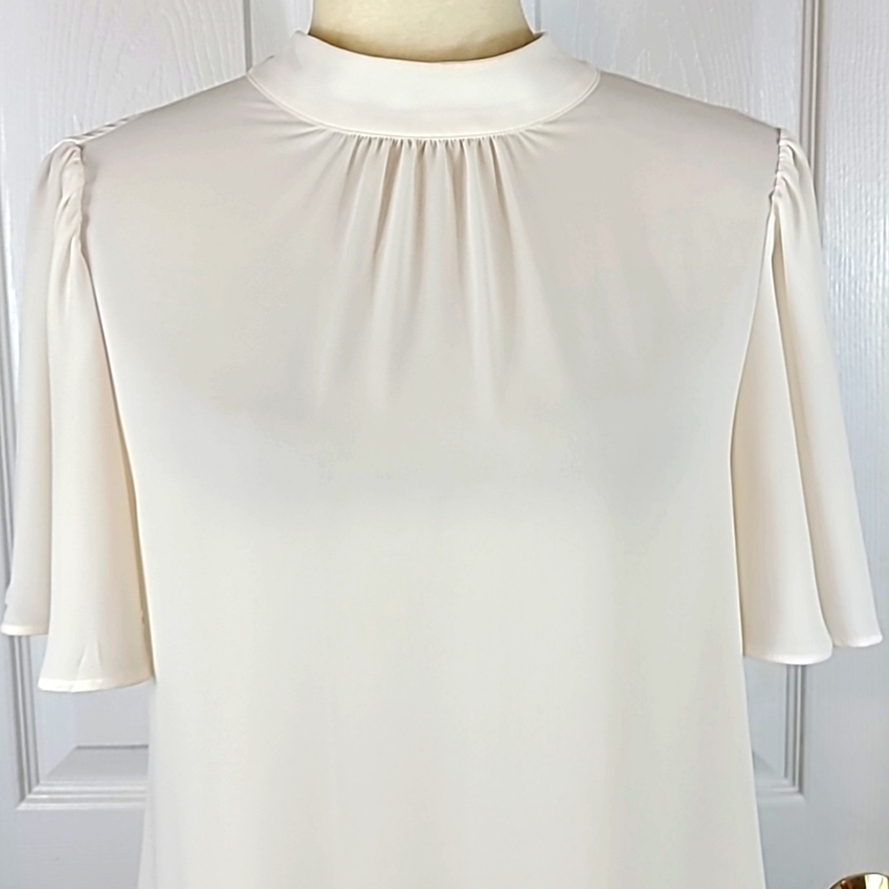 Express Cream Mock Neck Short Sleeve Blouse - Picture 2 of 10